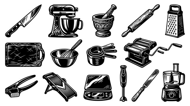 Food Industry Retro Black and White Line Art Set of Kitchen Tools, Cooking Utensils, and Baking Appliances