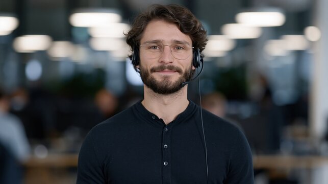 Friendly Male Customer Service Representative with Headset Smiling in Modern Office Environment