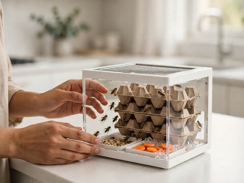 Person holding a clear acrylic breeding terrarium for house crickets Acheta domesticus on a kitchen counter, featuring egg cartons, sliced carrots, seeds, and water gel crystals for feeder insects