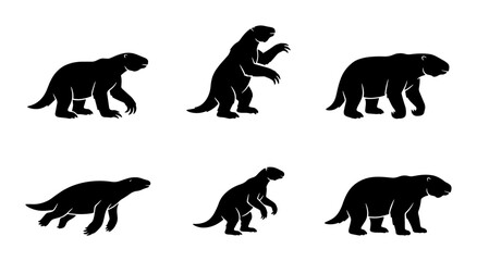 Fototapeta premium Dinosaur Silhouettes, Prehistoric Creature Poses, Ancient Reptile Vector Icons, Paleozoic Animal Graphics