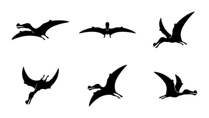 Pterodactyl Silhouettes, Flying Dinosaur Vector Icons Set, Prehistoric Creature Graphics © Ashiq