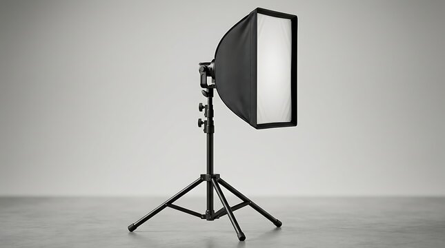 Modern professional photography softbox lighting equipment with adjustable tripod stand isolated on neutral grey studio background for creative media production