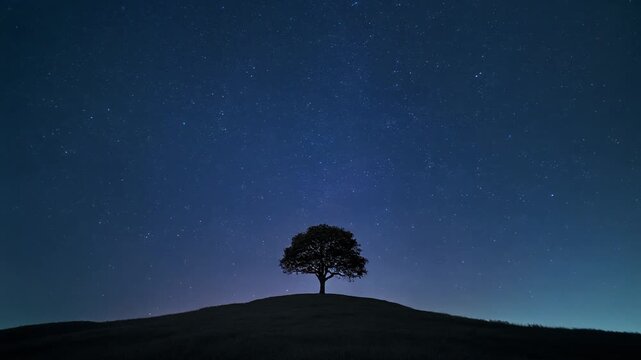 星空と丘の一本の木 シームレスループ動画背景 16:9 4K