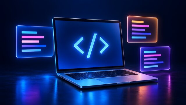 Software development concept with modern laptop displaying glowing code symbol and floating digital programming language panels