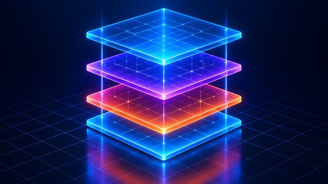 Futuristic glowing digital data stack concept showing layered network architecture and technology platform levels