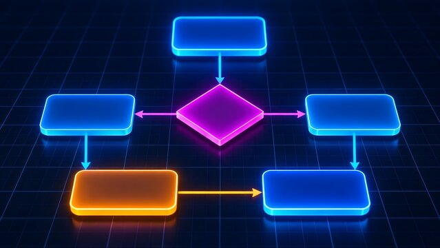 Blank glowing neon flowchart diagram with decision node and digital arrows for business process and algorithm mapping