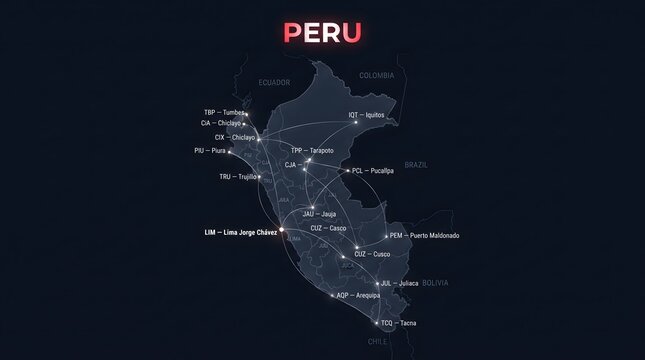 Digital Futuristic Map of Peru Highlighting Major Airports and Flight Route Networks on Dark Background