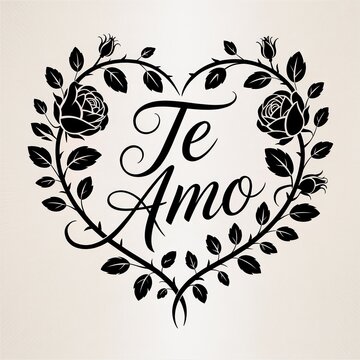 Te Amo calligraphy in a heart shaped rose wreath for romantic wedding or anniversary