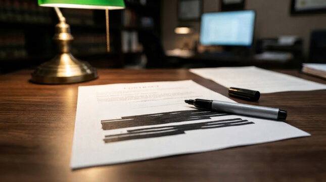 Confidential legal contract with redacted text on law office desk