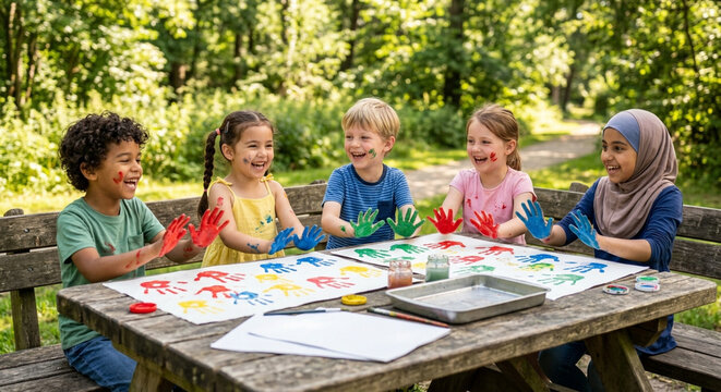 Diverse group of happy children finger painting together outdoors in a sunny park setting during summer activities