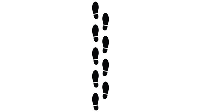 Black silhouette vector illustration of human shoe footprints arranged in a straight vertical line pattern for modern graphic design projects