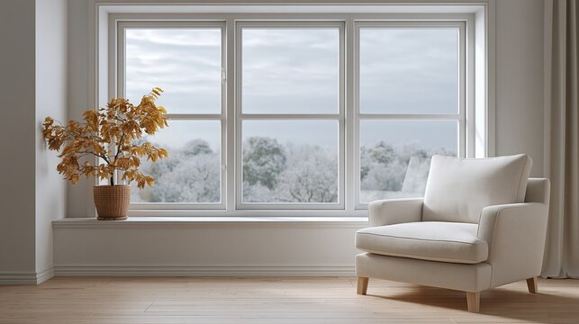 Cozy armchair by large window with autumn tree and frosty winter landscape view