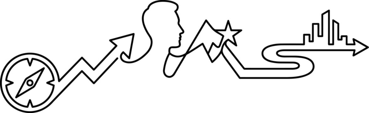 Journey to Success Compass Mountain Peak Star Cityscape Line Art