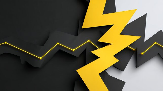 3D Yellow Lightning Bolt Breaking Dark Geometric Background Representing Flash Sale Disruption and Black Friday Price Drop Concept