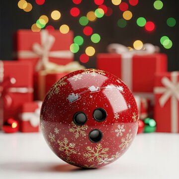 A glossy Christmas bowling ball rests in the foreground with vibrant red gift boxes and festive lights blurred in the background copy space, ornament, holiday, colorful