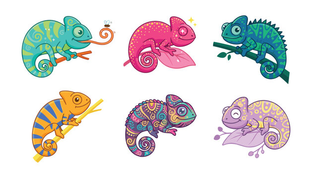 Set of cute colorful chameleon characters vector illustration featuring lizard mascots with unique patterns isolated on white background