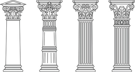 Obraz premium Classical Roman and Greek architectural pillar columns set showcasing ornamental corinthian ionic capitals and fluted shafts (16 words)