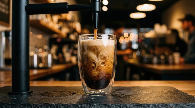 Nitro cold brew coffee pouring into glass at a cafe counter