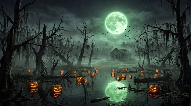 Spooky halloween swamp with glowing pumpkins and full moon at night