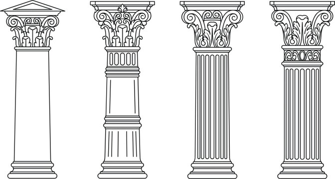 Classical Roman and Greek architectural pillar columns set showcasing ornamental corinthian ionic capitals and fluted shafts (16 words)