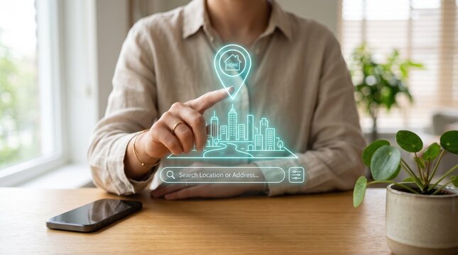 Person touching holographic smart home icon and city skyline interface on table, searching location or address, futuristic real estate technology, augmented reality app