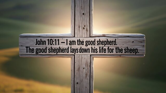 Close-up of a weathered wooden cross with engraved bible verse john 10:11 on a blurred natural background