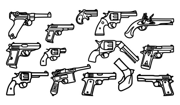Minimal handgun and pistol outline icons collection historical firearm vector set