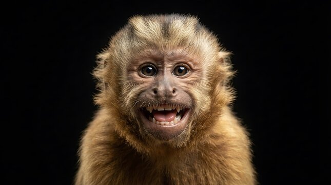 Close-up portrait of a smiling capuchin monkey with expressive face and fur details