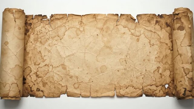 Ancient parchment paper scroll unrolling on white background