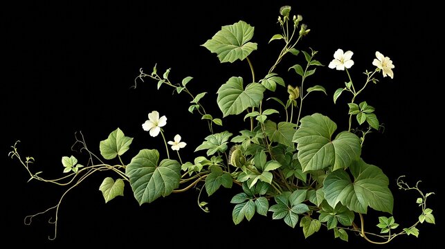 Delicate White Blossoms and Lush Green Leaves Adorn a Twining Vine Against a Stark Black Background