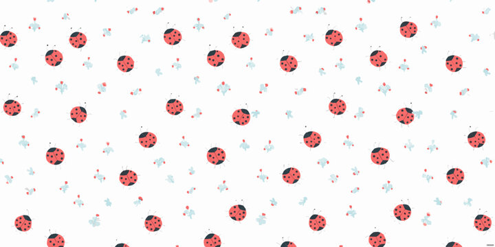 Repeating ladybug and floral ornament pattern on a white background