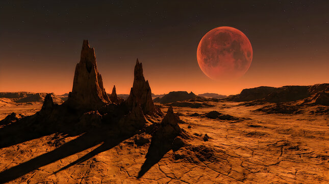 Pixel art alien planet landscape with a large orange moon
