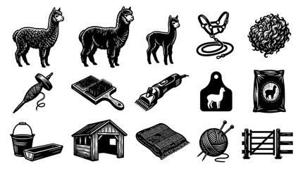 Fototapeta premium Alpaca Farming Fiber Production Engraving Style Line Art Icon Set. Livestock, Shearing, Wool, Yarn, and Farm Tools.