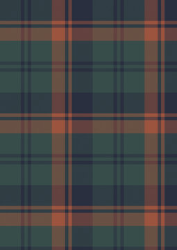 Seamless tartan plaid pattern in dark green, navy blue, and warm orange colors, classic autumn check vector background, retro flannel textile design, winter fashion fabric illustration