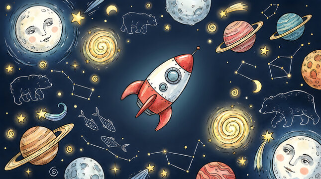 Hand drawn space rocket and planets on black background