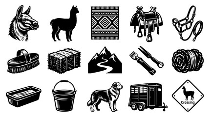 Fototapeta premium Black and White Vector Icons of Farm and Ranch Equipment and Animals