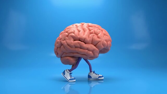 Human brain character walking in sneakers on blue background