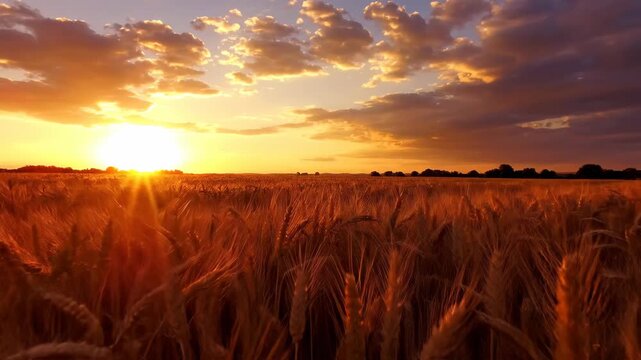 Golden wheat field at sunset with dramatic sky and warm light