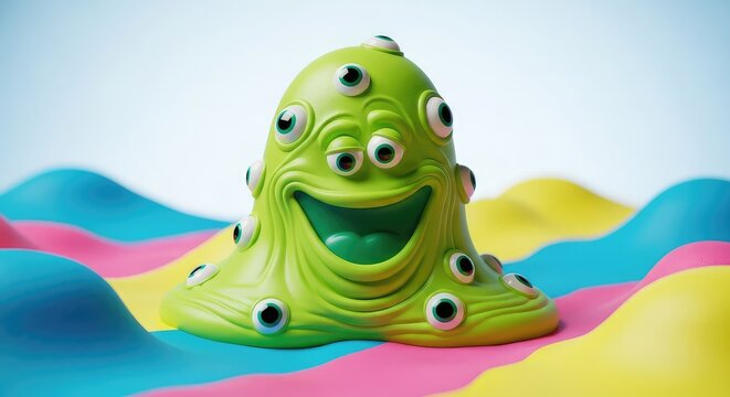A vibrant, stretchy lime green putty monster with multiple googly eyes and a wide, goofy grin sits in a colorful, soft, moldable landscape, colorful, slime, silly