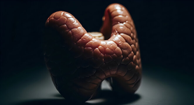 Anatomical model of a human kidney with visible nephrons and ureters