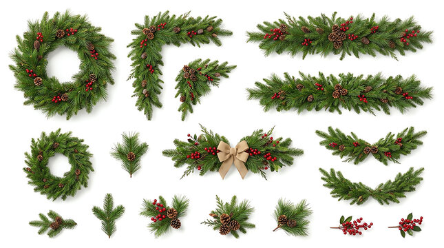 Set of festive christmas evergreen wreaths and garlands isolated on a white background for holiday design projects