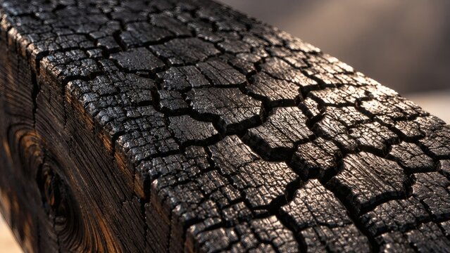 Macro Close-Up of Alligator Cracking Pattern on Charred Yakisugi Shou Sugi Ban Wood