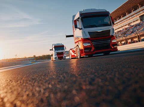 Two Modern Racing Trucks Competing on a Sunlit Track with Grandstand Seating in the Background