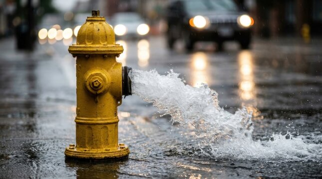 Yellow fire hydrant spraying water on a wet city street in rain
