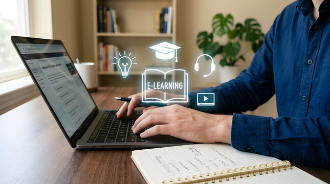 Person studying online with digital learning tools at home