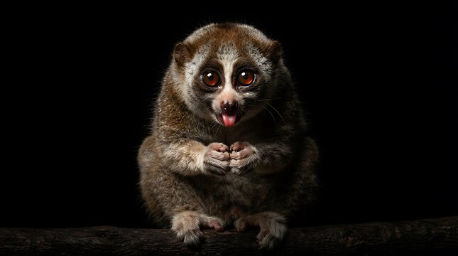 Cute slow loris sitting alert with expressive face in dark studio lighting.