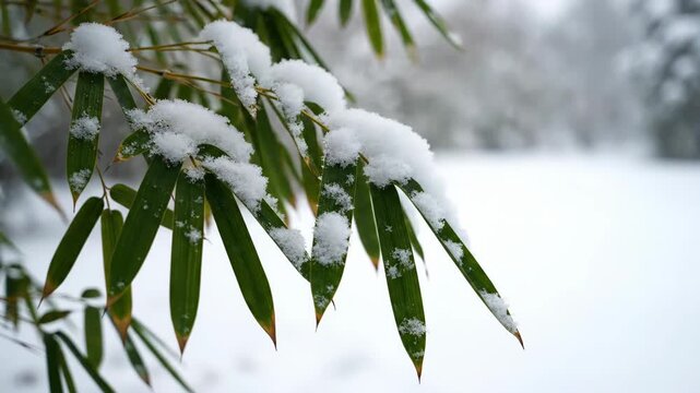 Green bamboo leaves covered in fresh white snow in winter