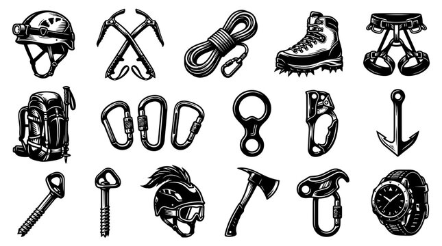 Outdoor Adventure  Climbing Equipment Set. Retro Engraving Style Black  White Vector Icons.