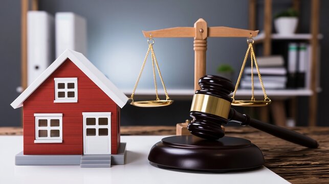 Real Estate Law Justice Scales and Gavel Symbolizing Property Legal Disputes and Fair Judgment
