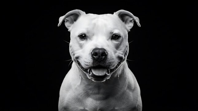 Smiling pit bull dog with collar looking directly at camera in black and white portrait